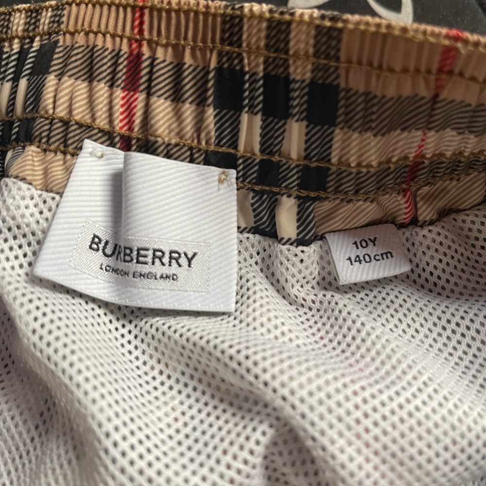Burberry Kids Tan Plaid Swim Trunks with Red and Black Accents - Picture 3 of 5